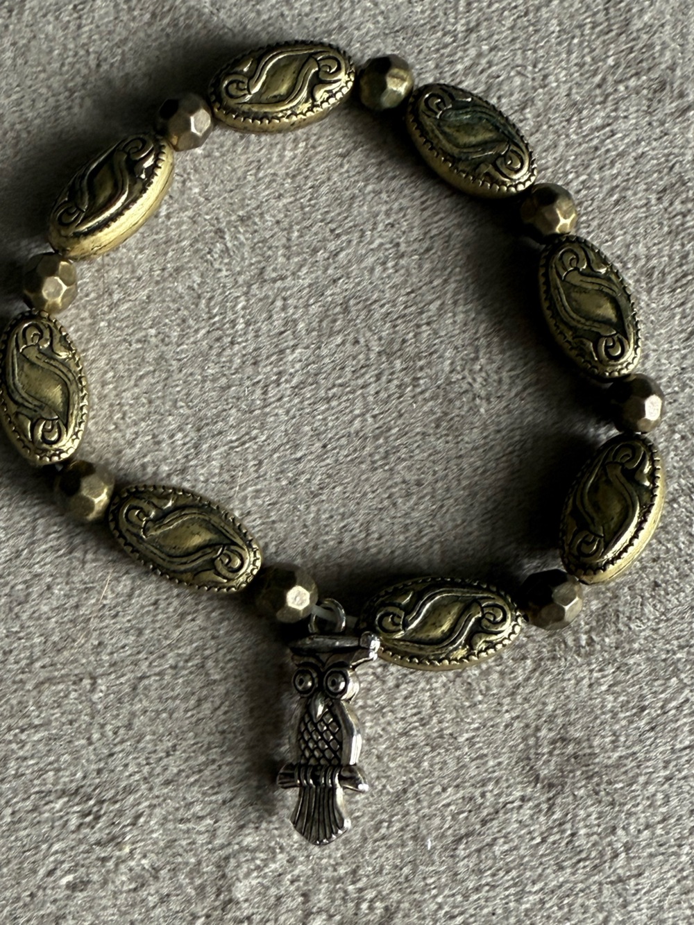 Gold-Tone Paisley Oval Bead Bracelet with Owl Charm - Women Jewelry